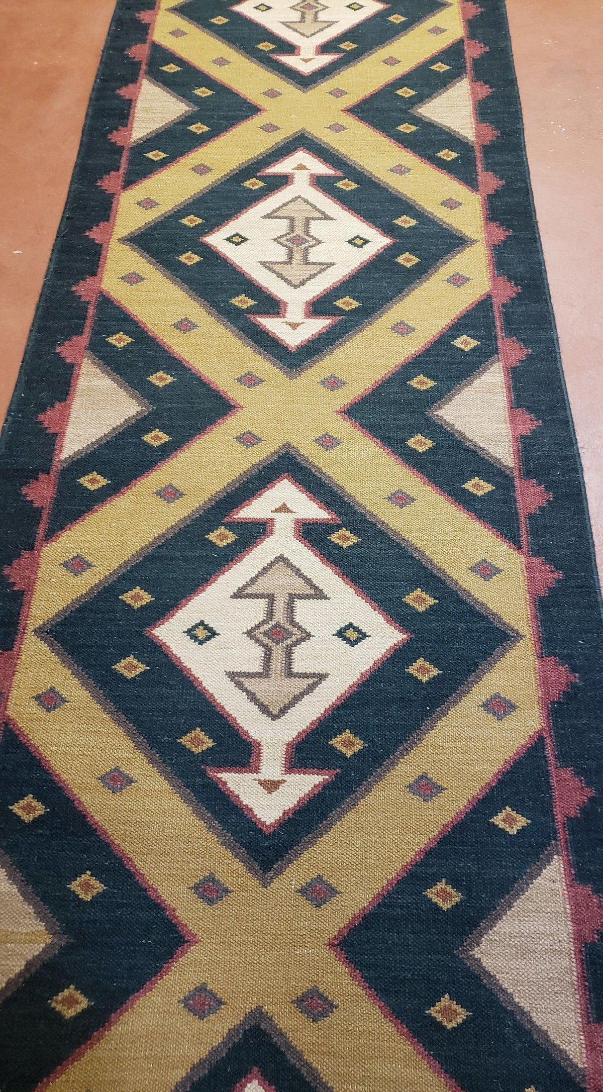Vintage Indian Kilim Runner Rug, Geometric Flatweave Hand-Knotted Wool Kitchen Hallway Runner, Black Gold & Beige, 2' 8" x 9' 9" - Jewel Rugs, view 7