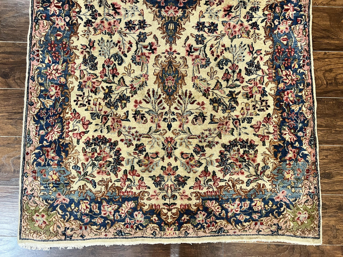 Antique Persian Kirman Rug 4x7, Cream and Navy Blue, Hand Knotted Wool Floral Carpet - Jewel Rugs, view 6