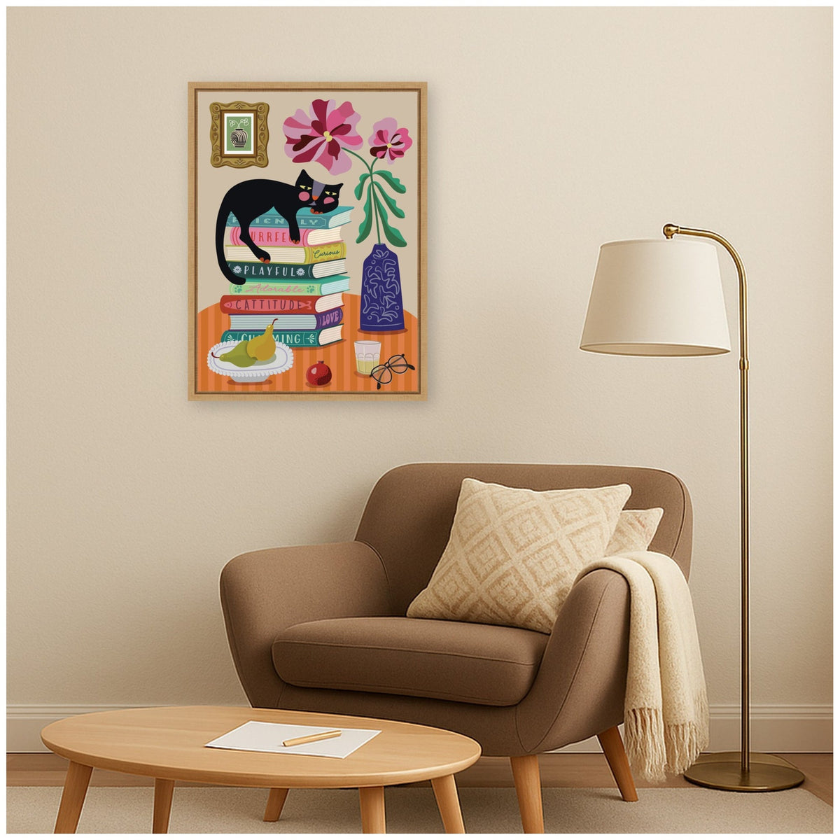 Still Life With A Cat by Rachel Lee 3 Birdies Studio Framed Canvas Wall Art Print