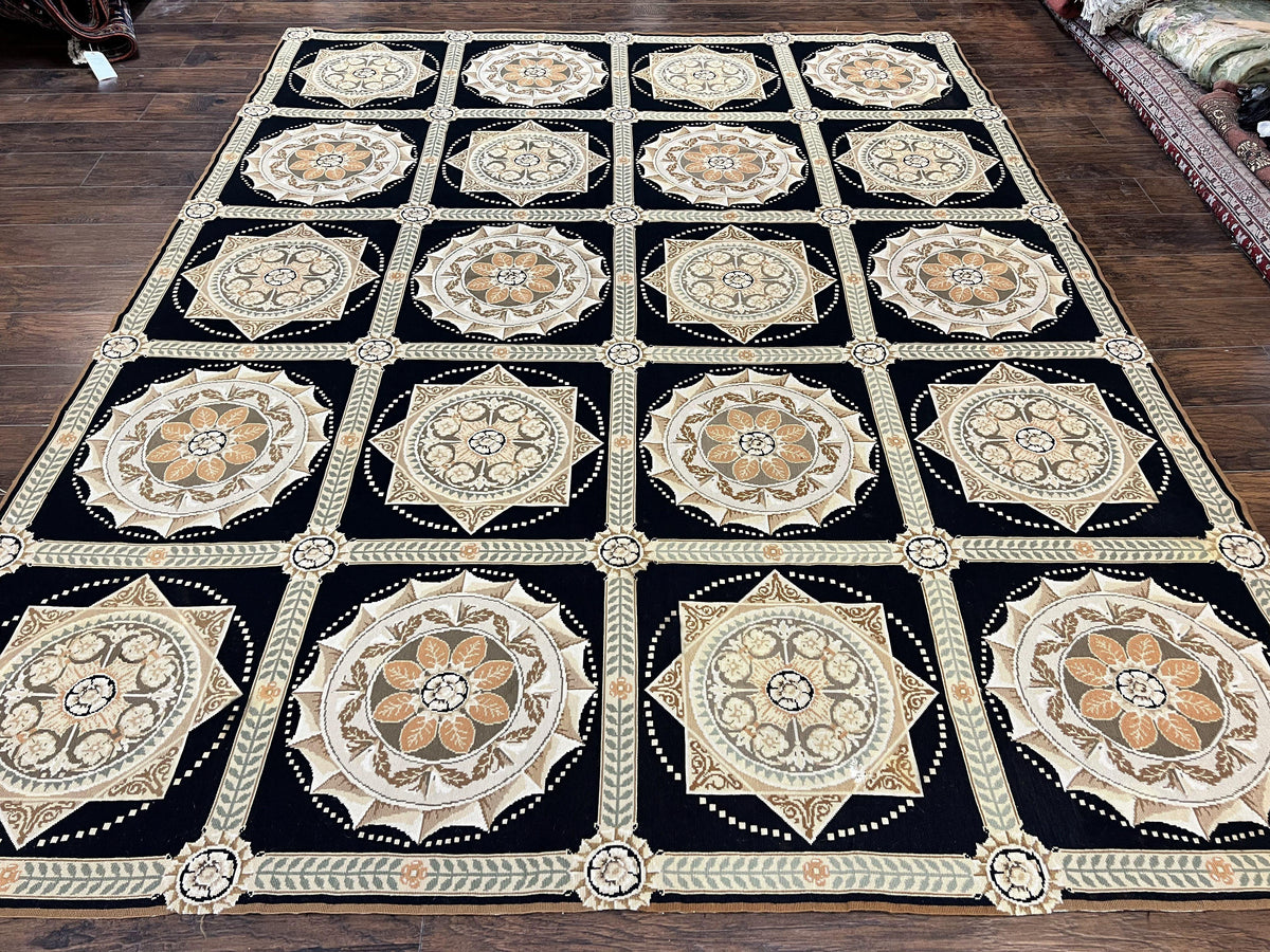 Needlepoint Rug 8x10, Black Tan Beige, Panel Design, Wool Handwoven Handmade Flatweave Needlepoint Carpet, Vintage French European Rug - Jewel Rugs, view 2