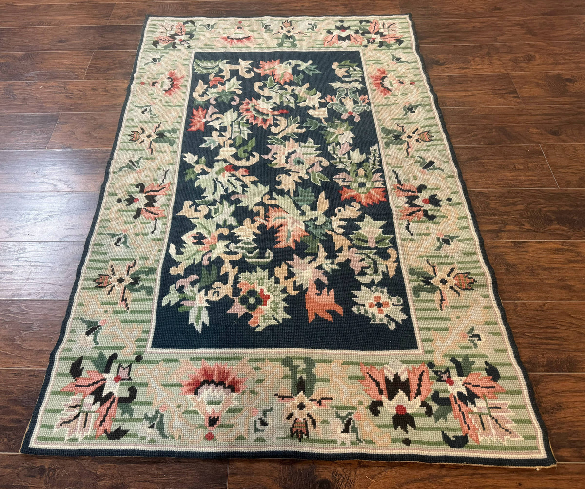 Vintage American Needlepoint Rug 4x6, Dark Green, Wool, Handmade, Flatweave Carpet - Jewel Rugs, view 11
