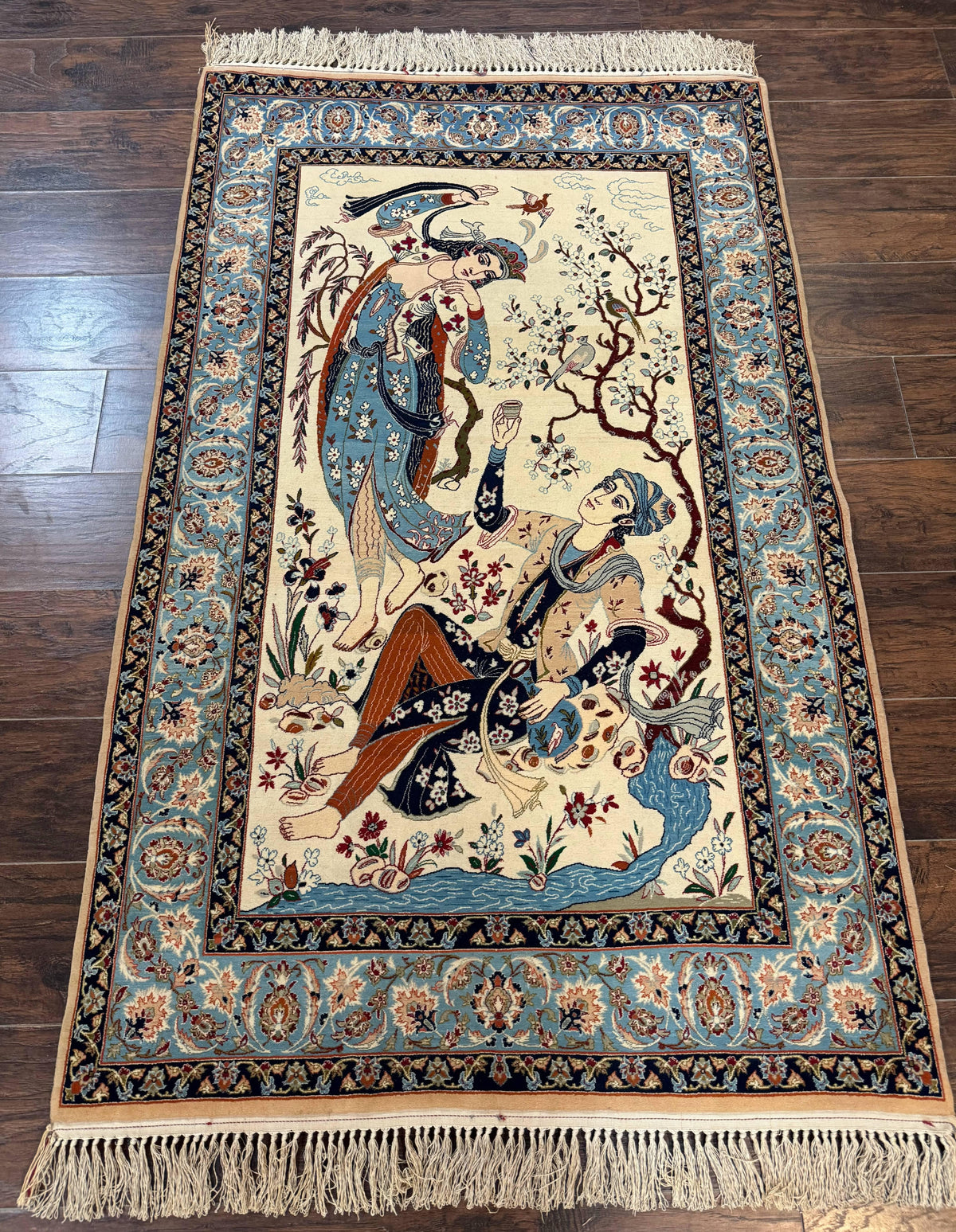 Persian Isfahan Pictorial Rug, Two Lovers, Kork Wool on Silk Foundation, Ivory and Light Blue, 500 KPSI Super Fine - Jewel Rugs, view 2