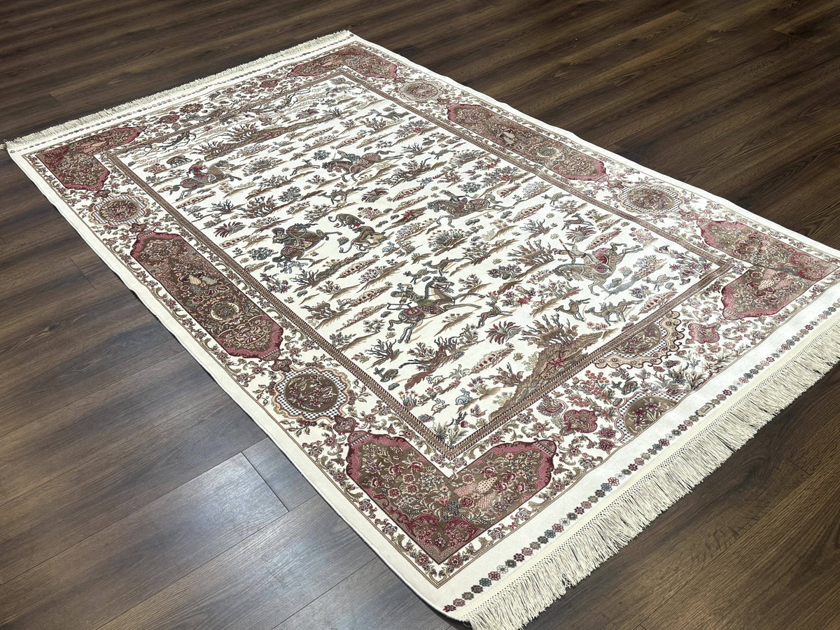 Turkish Silk Rug 5x8, Ivory, Hunting Design, Animal Pictorials, Bamboo Silk - Jewel Rugs, view 13