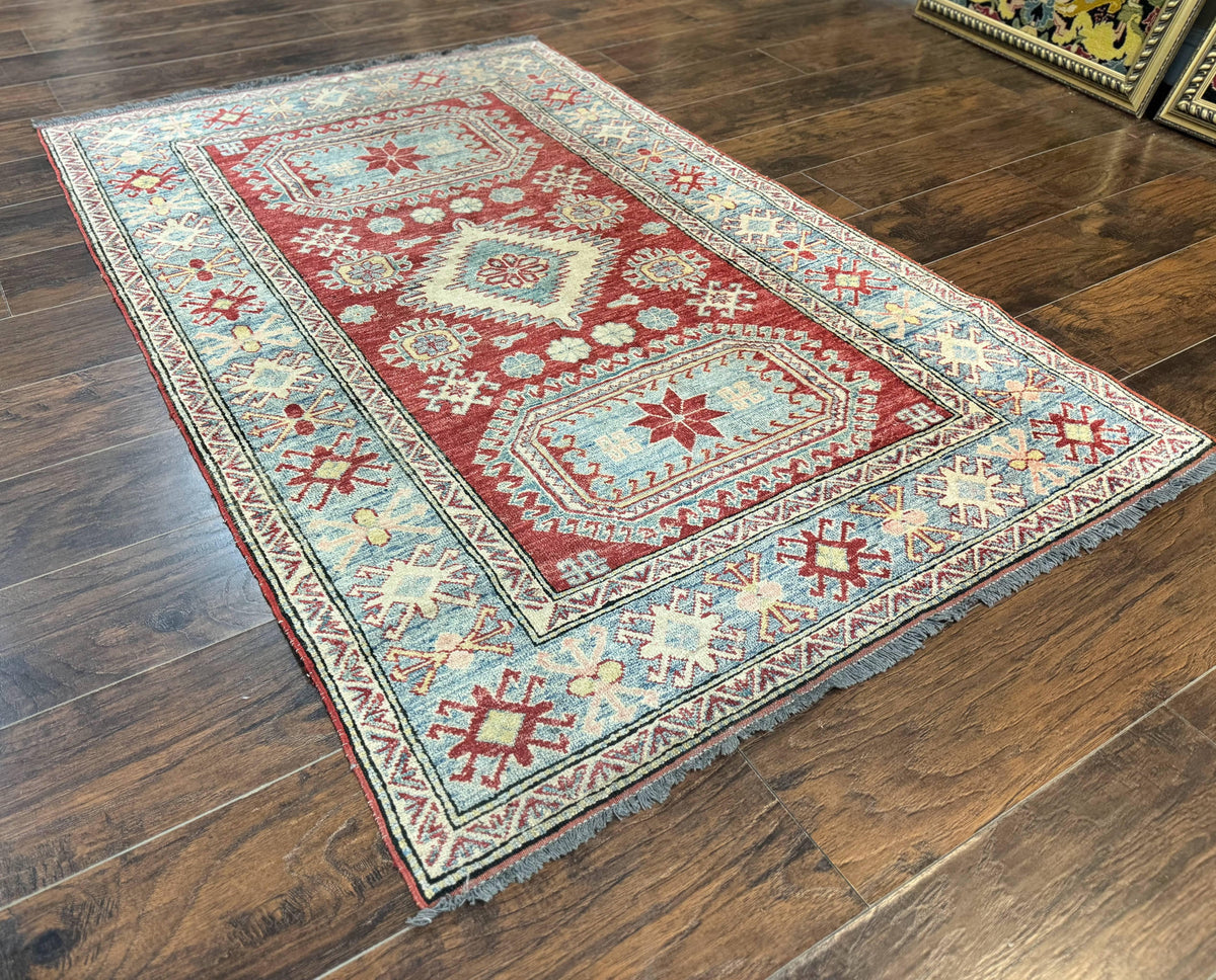 Turkish Kazak Rug 4x6, Handmade Vintage Wool Carpet, Geometric Design, Red and Light Blue - Jewel Rugs, view 3