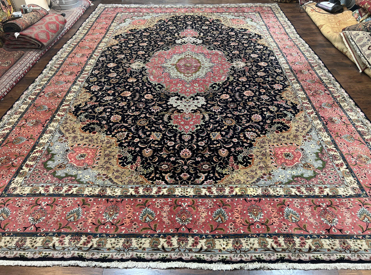 Magnificent Persian Tabriz Rug 11x16, Oversized Persian Carpet 11 x 16 ft, Wool on Silk Finely Hand Knotted, 450 KPSI, Floral Medallion, Black Pink - Jewel Rugs