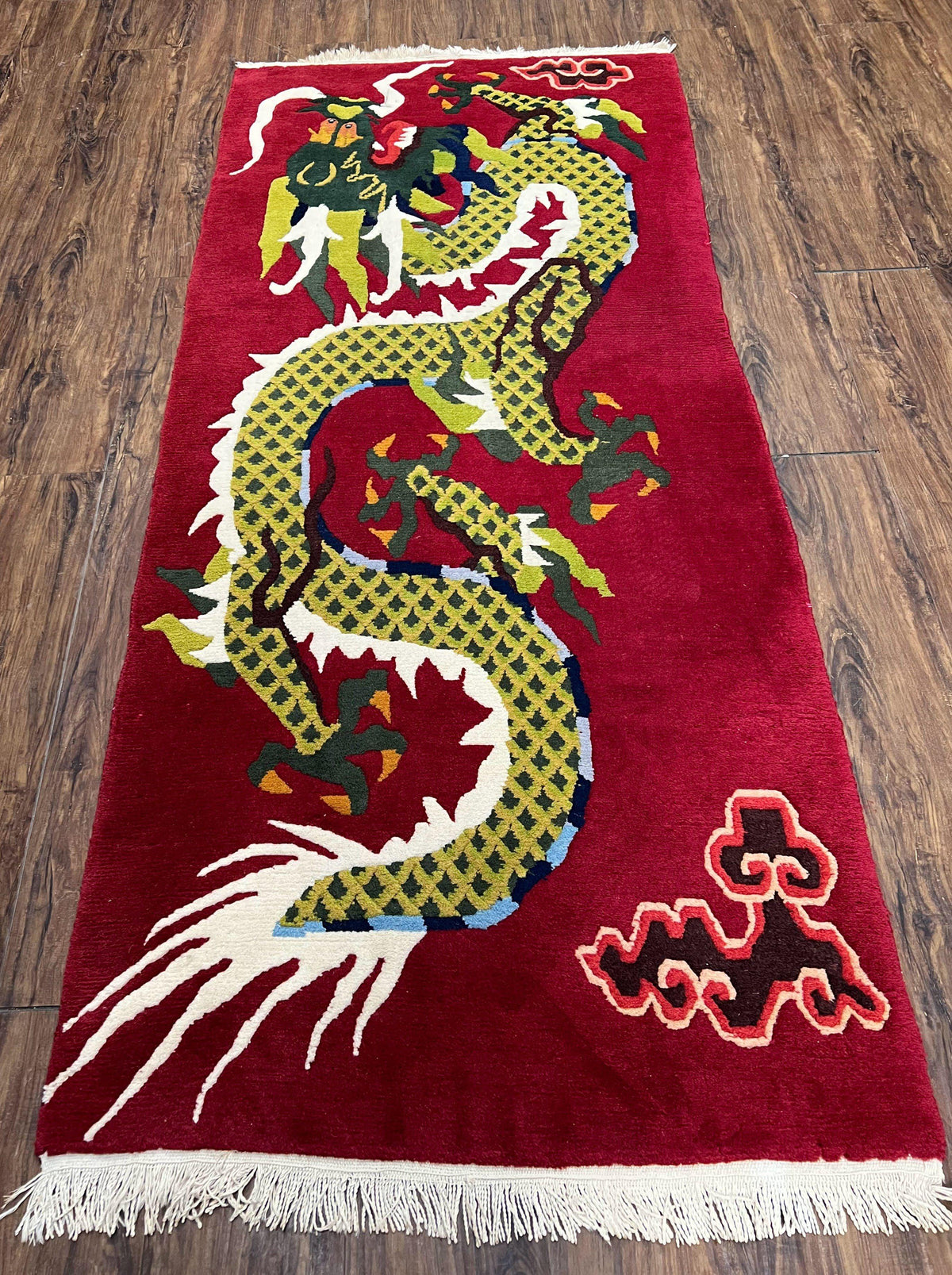 Vintage Chinese Dragon Rug 3 x 6.8, Handmade Hand Knotted Red Chinese Carpet with Gold Dragon, Art Deco Peking Soft Chinese Rug Runner - Jewel Rugs, view 13