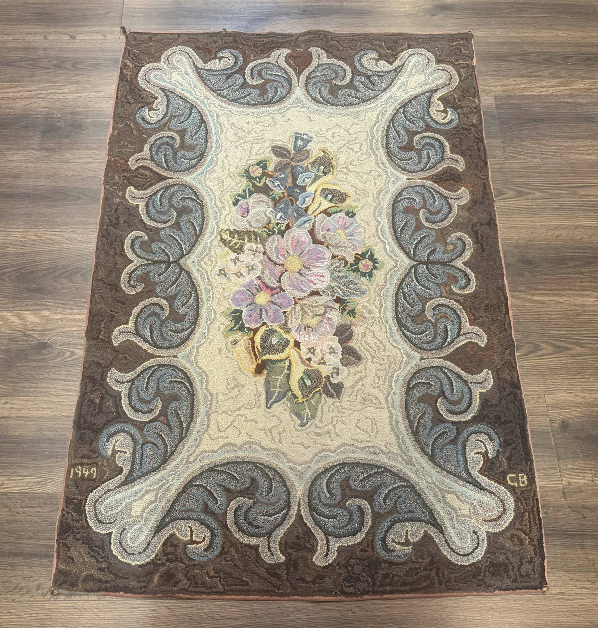 Antique American Hooked Rug 3 x 4.6, Vintage, Floral - Jewel Rugs, view 3