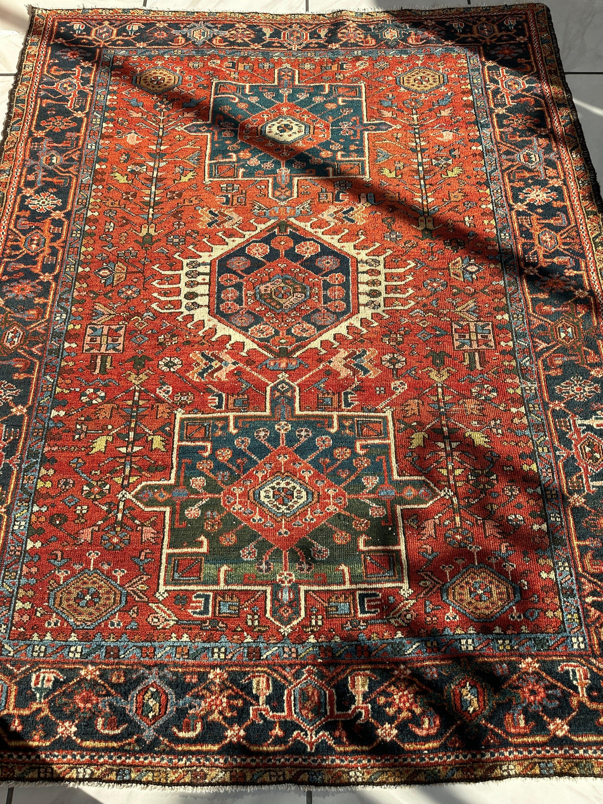 Antique Persian Heriz Rug 5x6 | Rust, Navy & Ivory | Hand-Knotted Wool - Rugistan, view 18