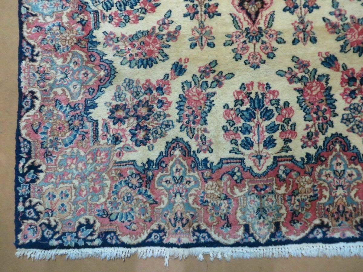 Antique Persian Kirman Rug 3.9 x 6.6, Floral Oriental Carpet, Ivory/Cream - Blue - Pink, Hand Knotted Wool Rug, Floral Medallion Rug 4x6 - Jewel Rugs, view 9