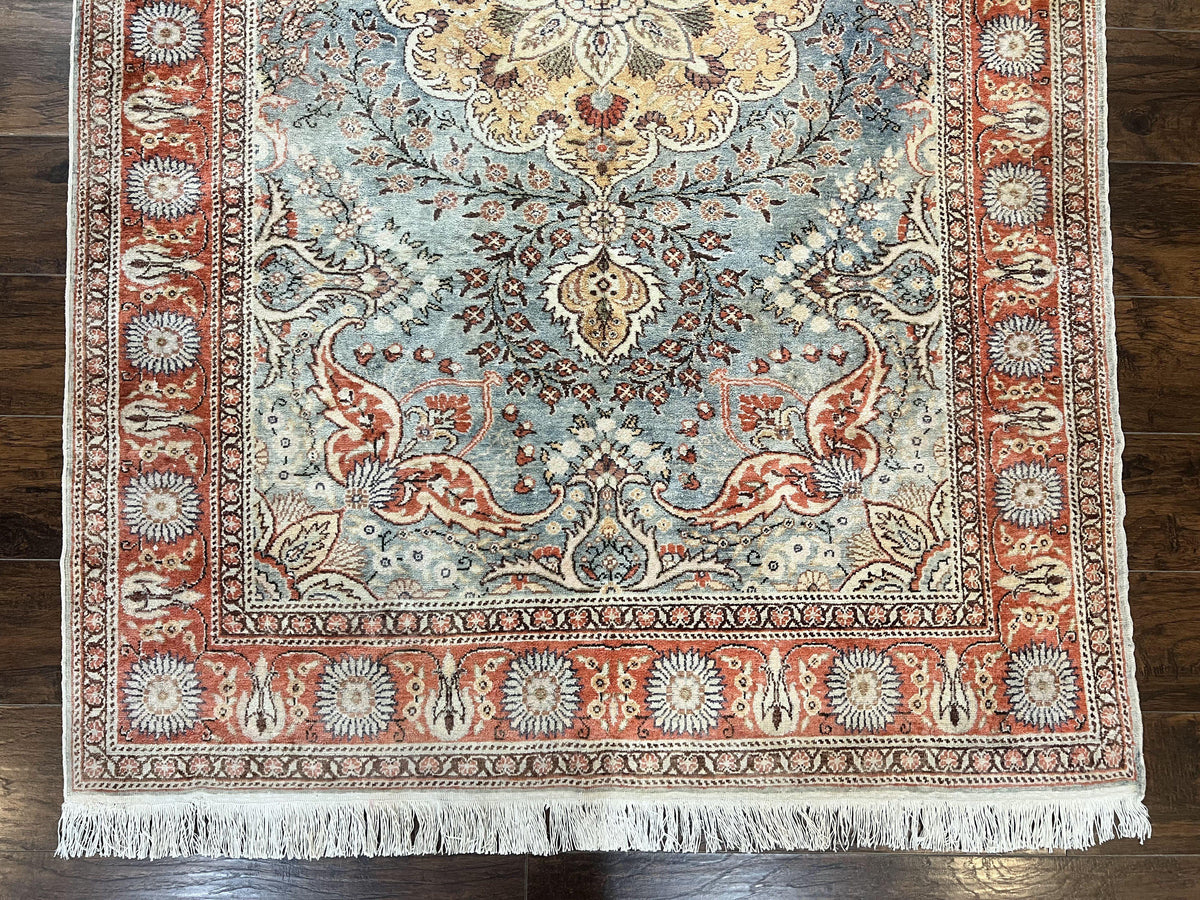Silk Turkish Rug 5x7, Light Blue Silk Carpet, Floral Medallion, Turkish Kayseri Rug, Vintage Handmade Oriental Rug - Jewel Rugs, view 4