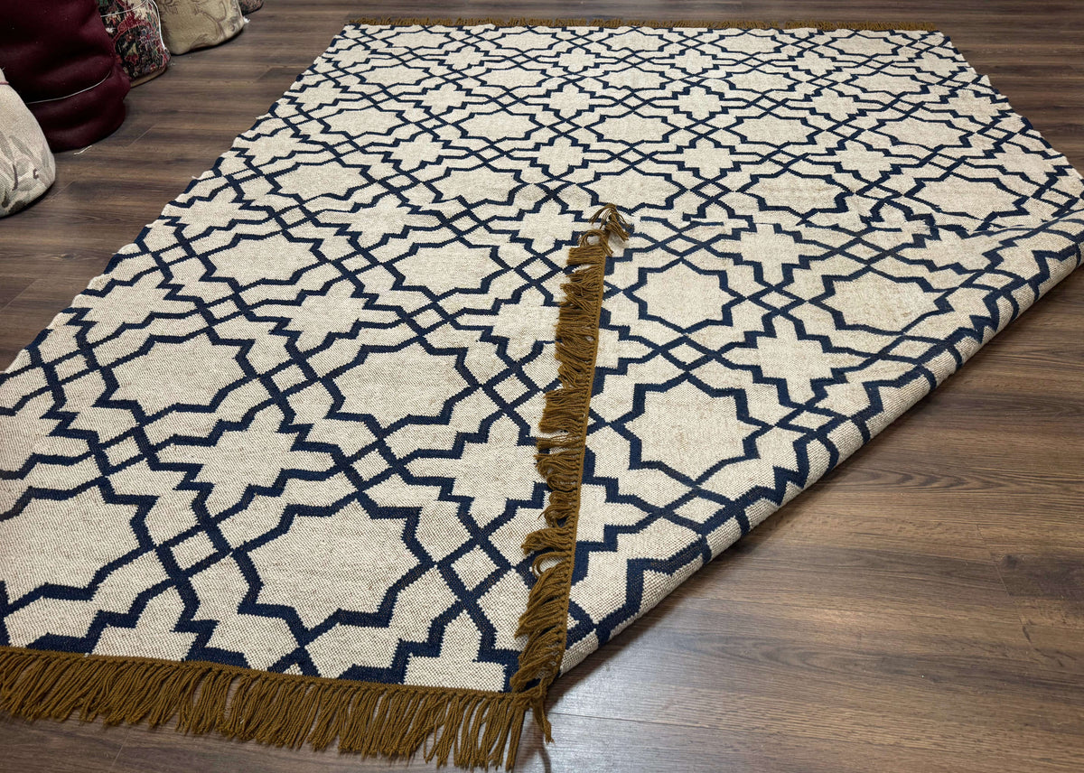 Indian Kilim Rug 8x10, Oat and Navy Blue, Dhurrie Carpet, Handmade, Wool - Jewel Rugs, view 12