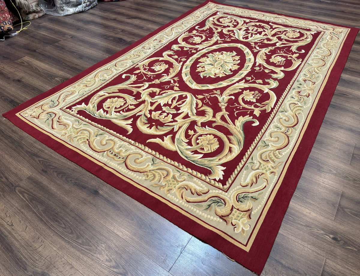 Burgundy Aubusson Rug 6x9, Vintage Wool Carpet - Jewel Rugs, view 3