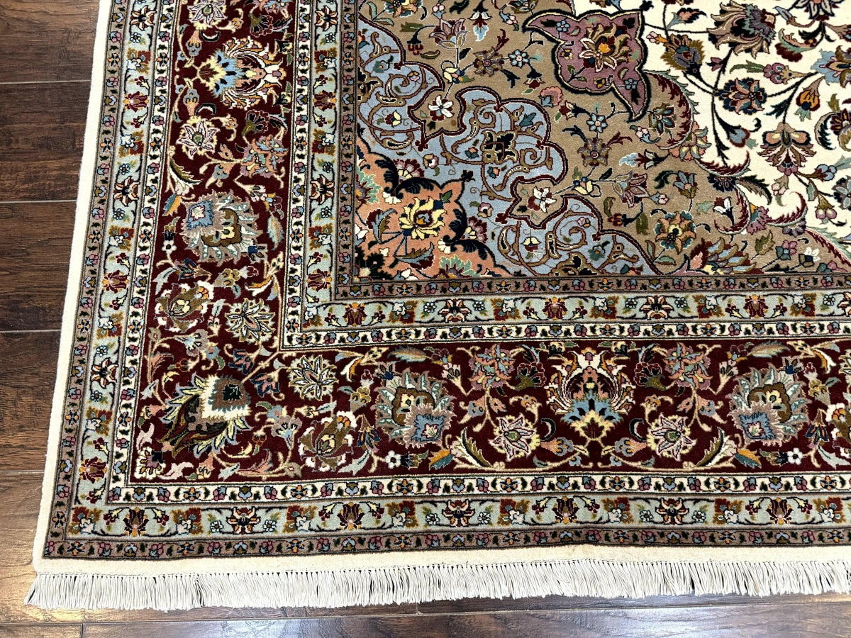 Persian Tabriz Rug 8x11, Floral Medallion Traditional Area Rug, Fine 300 KPSI, Ivory Maroon - Jewel Rugs, view 8
