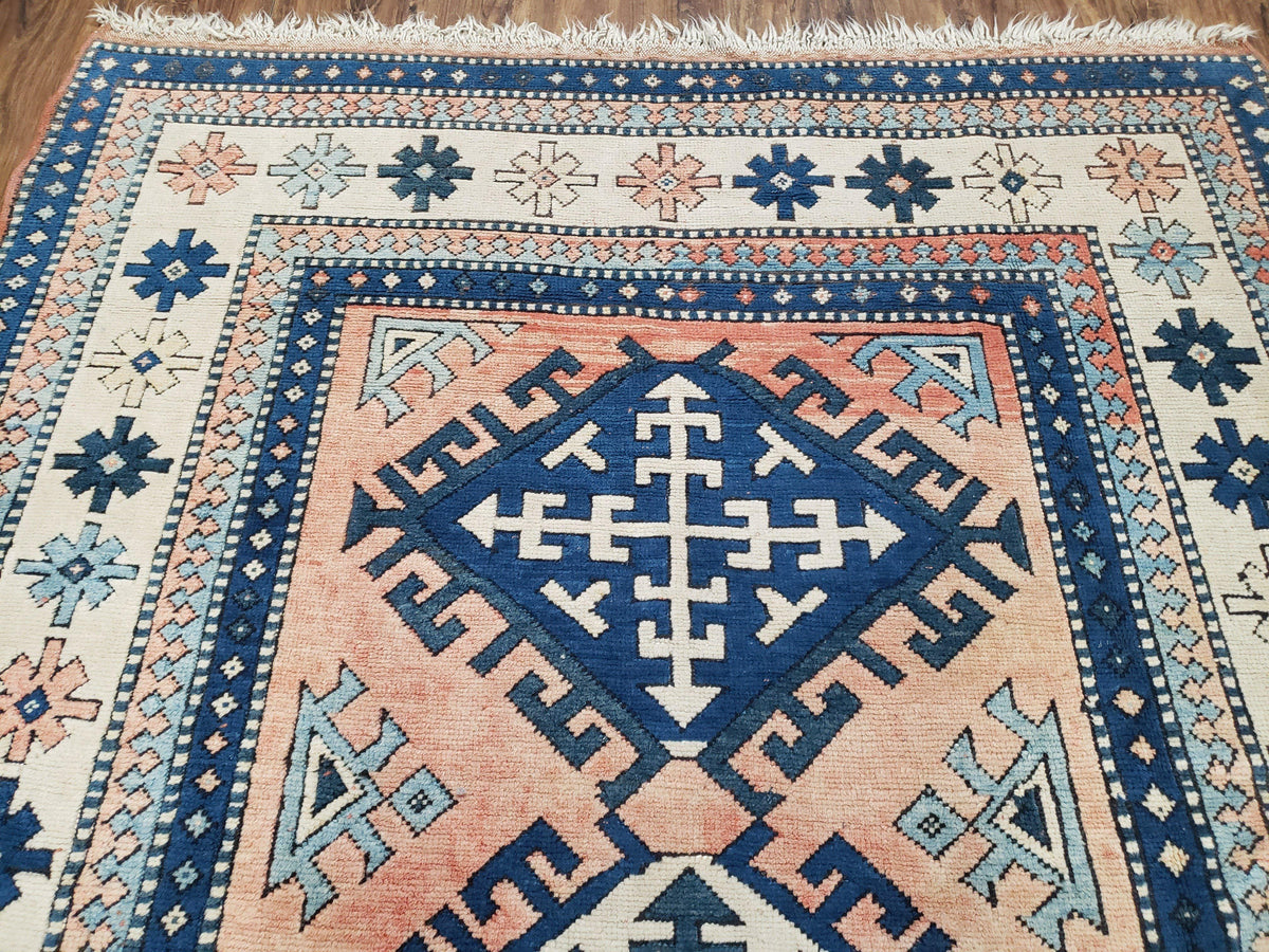 Turkish Kazak Rug 5x8 ft, Bold Geometric Bohemian Carpet, Blue and Ivory Hand Knotted Area Rug, Medium Sized High Quality Wool Oriental Rug - Jewel Rugs, view 4