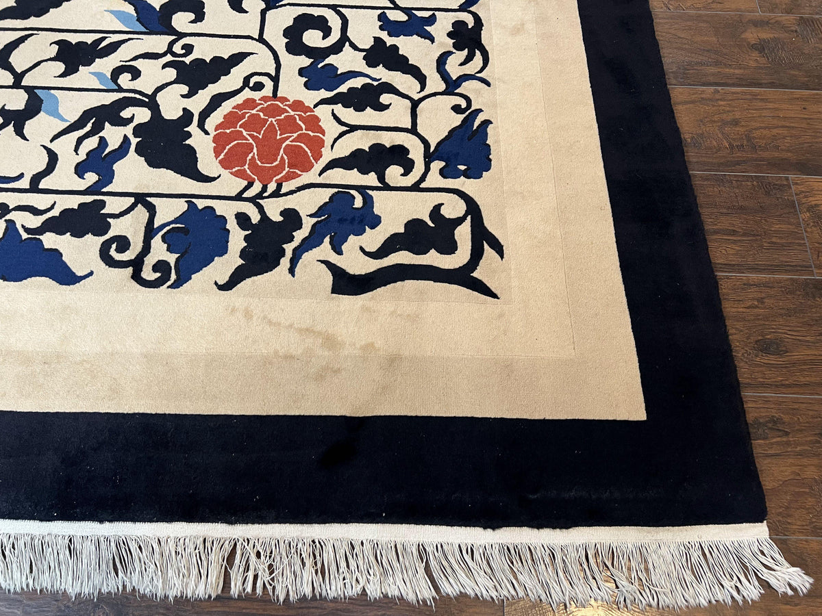 Antique Chinese Peking Rug 10x14, Beige Black, Handmade Wool Art Deco Carpet - Jewel Rugs, view 10