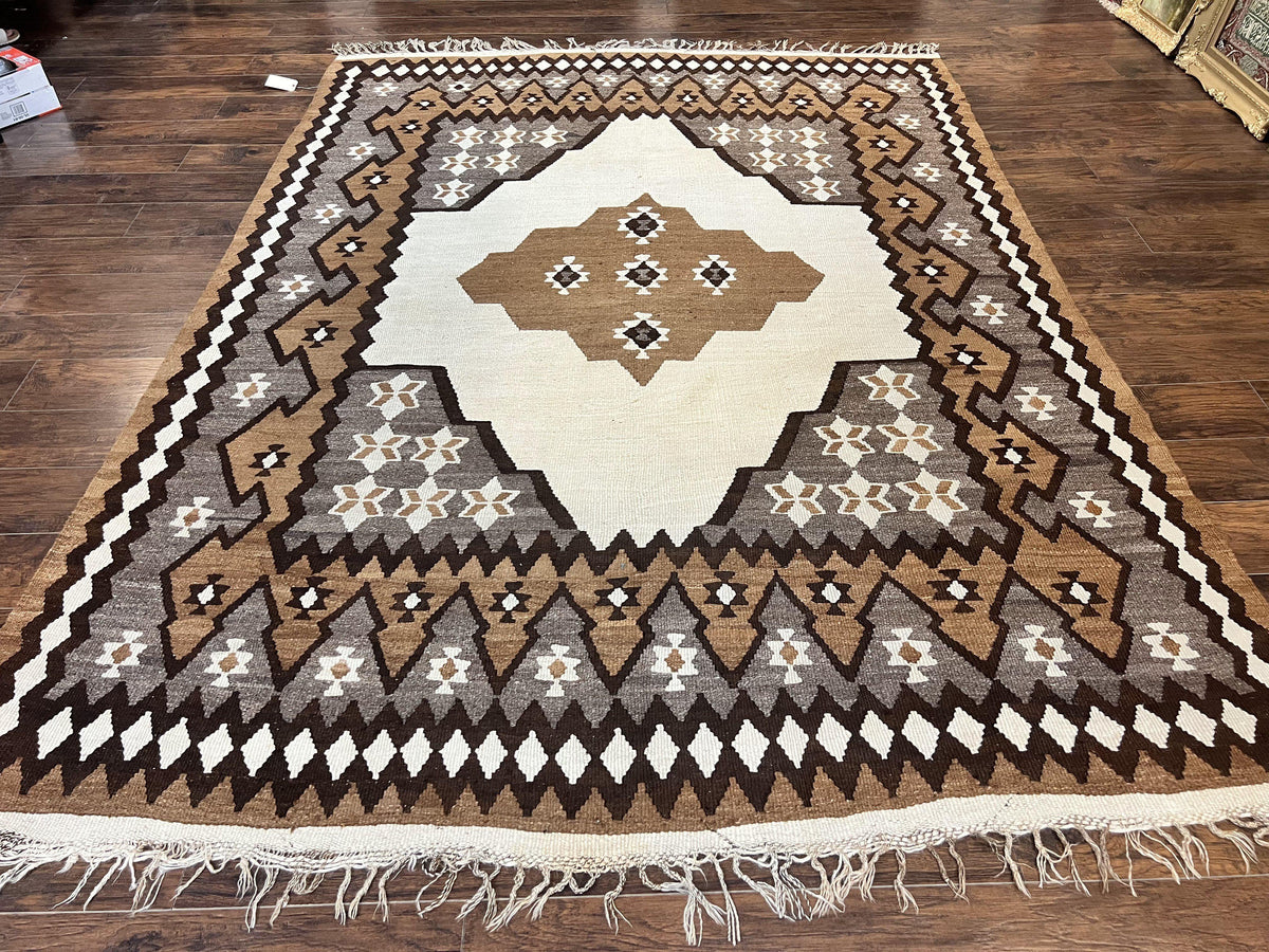 Antique Persian Fars Kilim Rug 8x11, Wool, Boho Tribal Persian Shiraz Flatweave Carpet, Semi Open Field, Geometric, Handmade, Vintage Semi Antique - Jewel Rugs, view 2