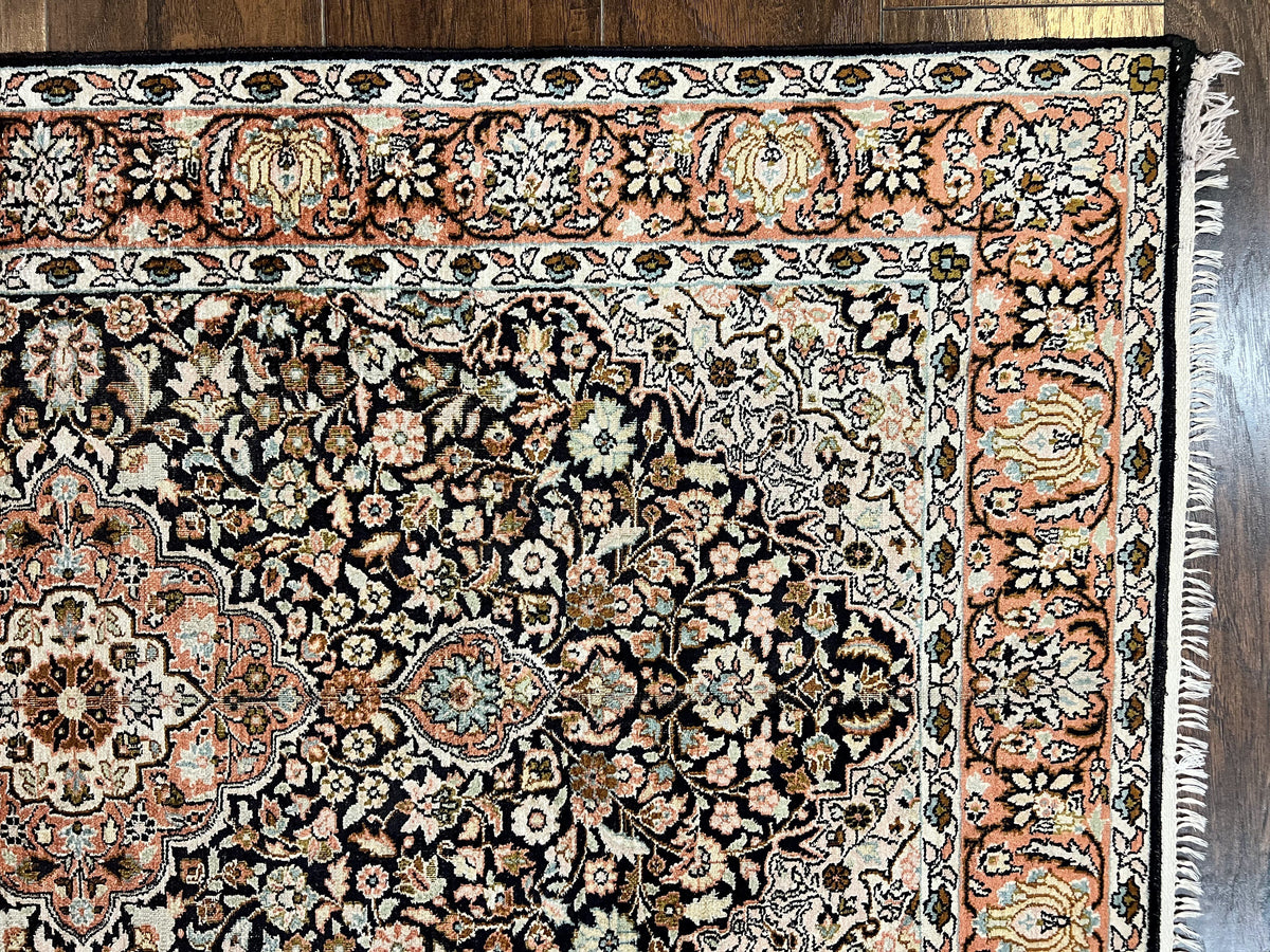 Silk Indian Kashmiri Rug 3x5, Indo Persian Silk on Silk Carpet, Very Fine 350 KPSI, Navy Blue, Handmade, Floral Medallion - Jewel Rugs, view 7