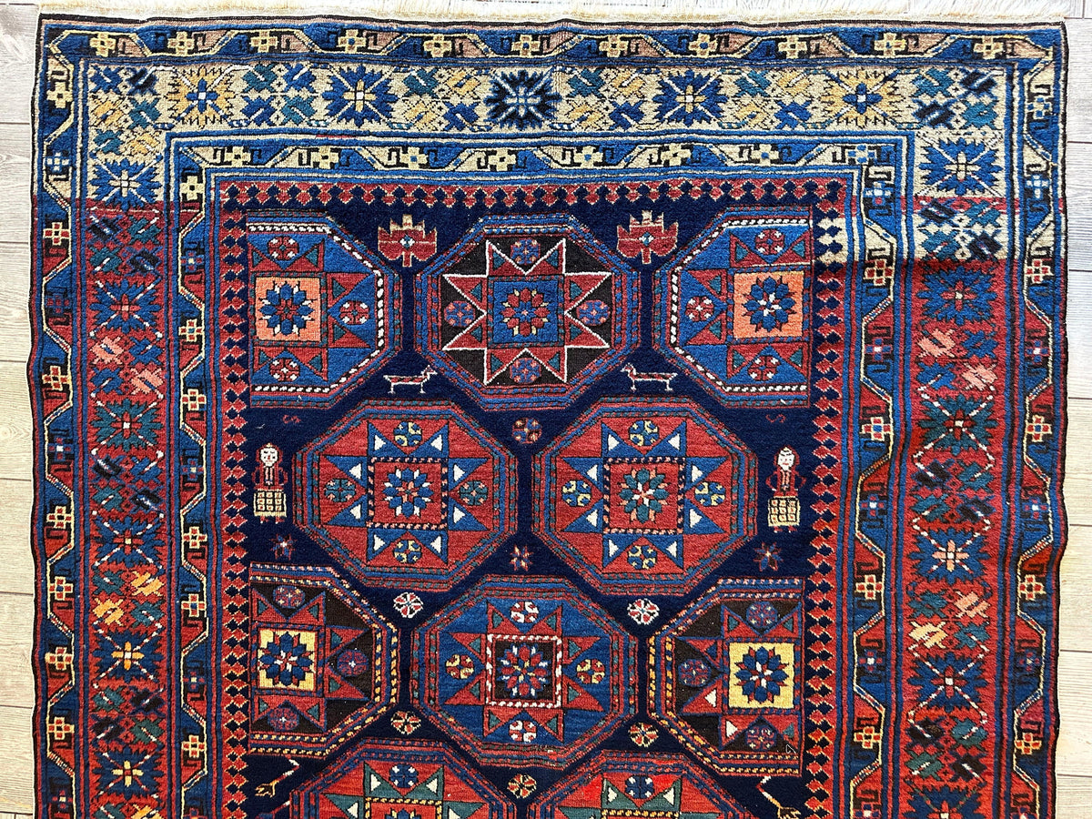 Antique Caucasian Shirvan Rug 5x10 | Navy, Red & Blue | Hand-Knotted Wool - Rugistan, view 7
