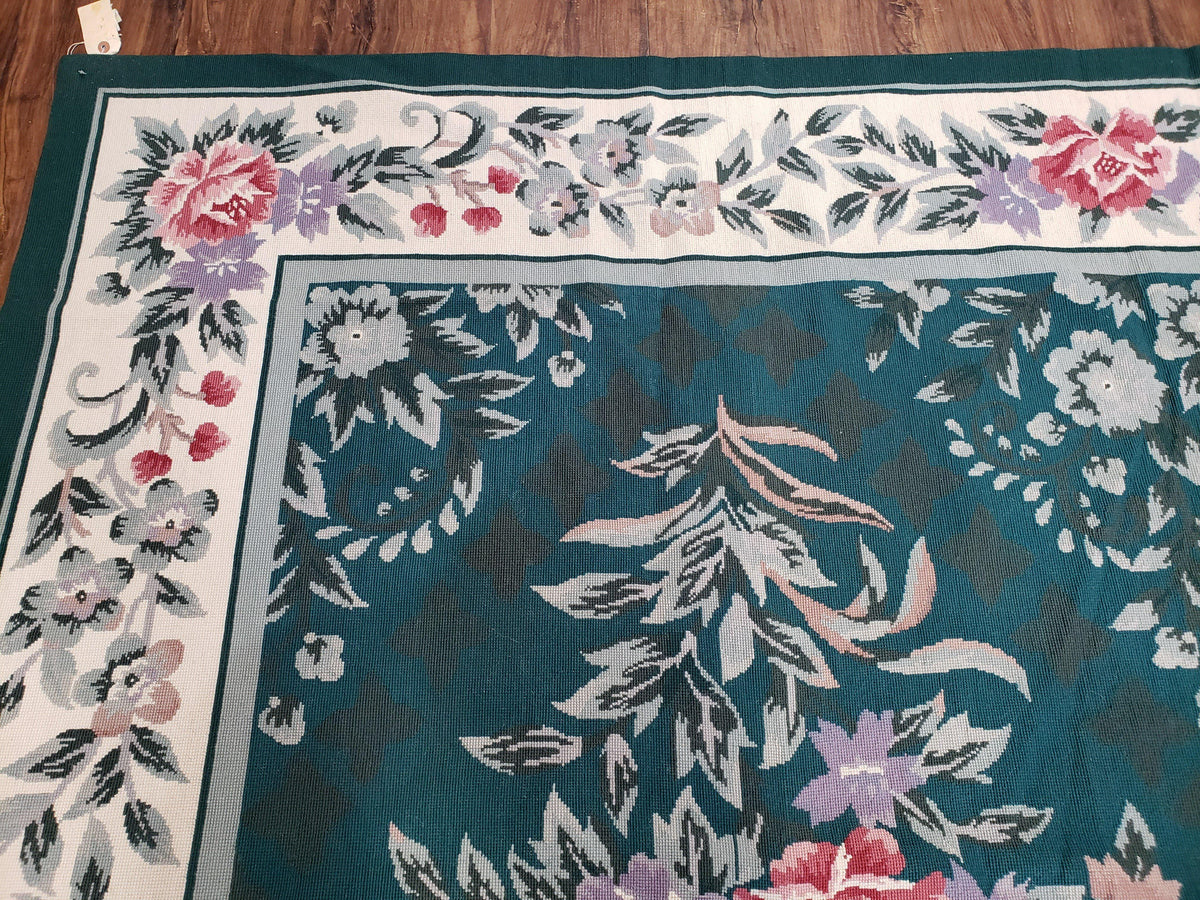 Chinese Needlepoint Rug 8x10, Vintage Green Area Rug, Hand-Woven Flatweave Floral European Design Carpet Wool Handmade 8x 10 Living Room Rug - Jewel Rugs, view 7