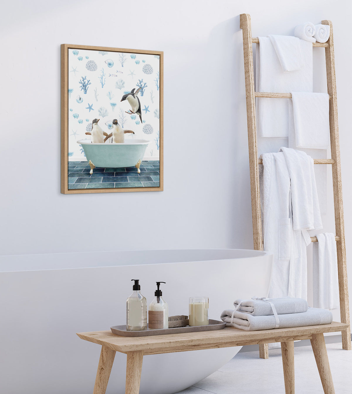 Sylvie Penguins In Under the Sea Bath Framed Canvas by Amy Peterson Art Studio