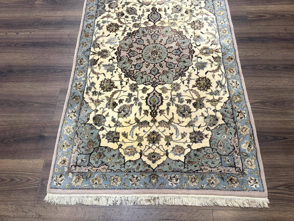 Persian Isfahan Rug 3x5, Fine 310 KPSI, Kork Wool Silk Foundation, Cream & Light Green - Jewel Rugs, view 5