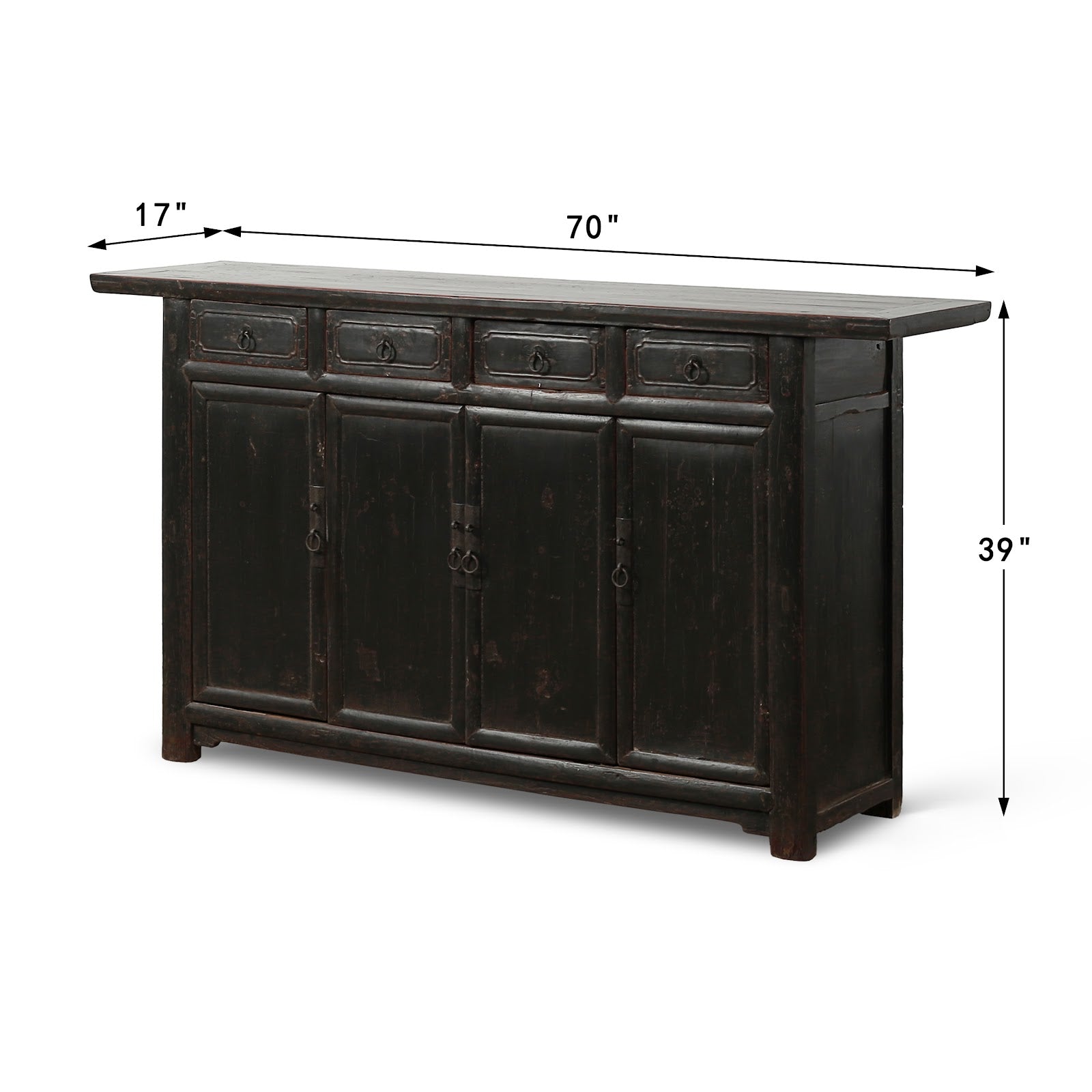Vintage Sideboard with Four Drawers Four Doors Distressed Black Lacquer image