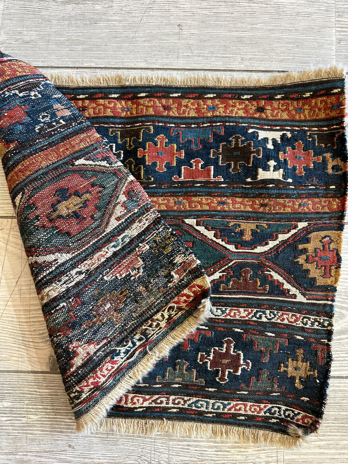Antique Caucasian Shahsavan Cradle Panel 1x2 | Navy, Teal & Red | Hand-Woven Soumak Wool - Rugistan, view 3