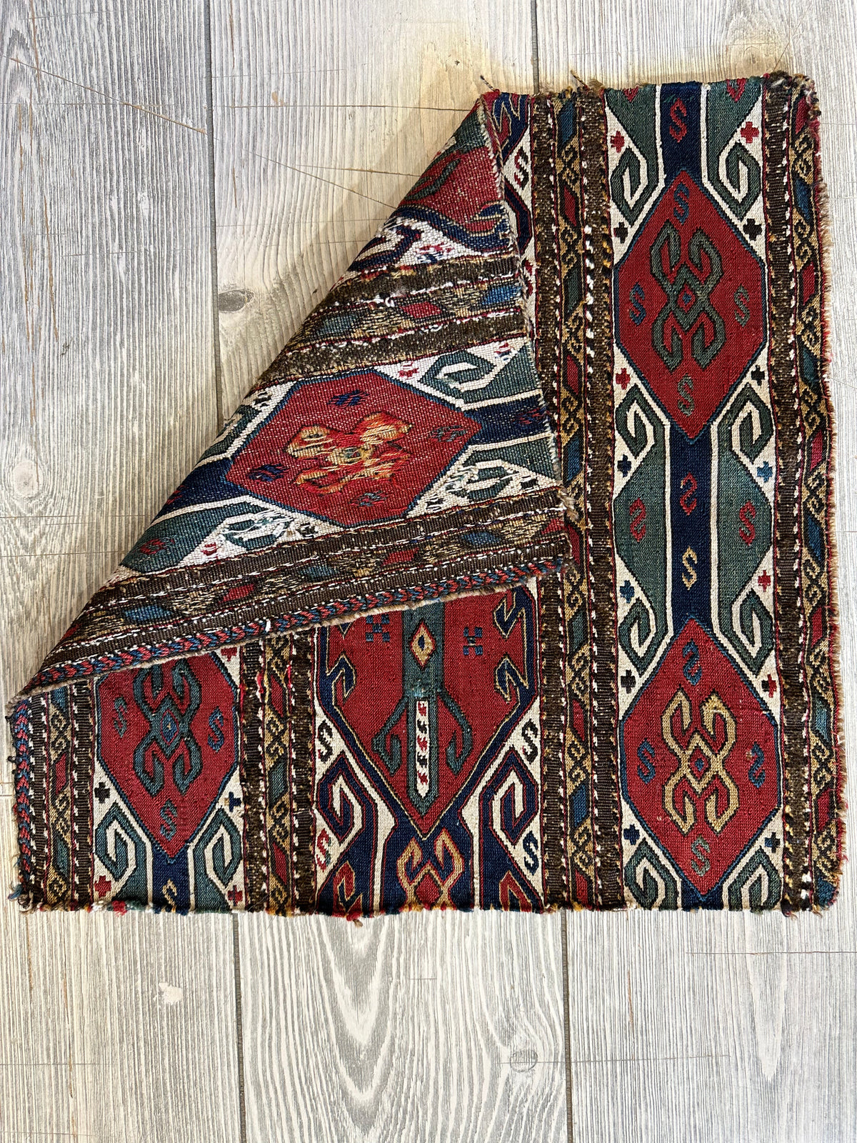 Antique Caucasian Cradle Panel 2x2 | Red, Navy & Ivory | Hand-Woven Soumak Wool - Rugistan, view 3