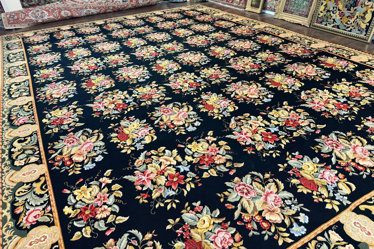 Palace Size Needlepoint Rug 12x16, Black and Colorful, Floral Panel, Handmade Oversized Wool Needlepoint Carpet, Rare - Jewel Rugs, view 13