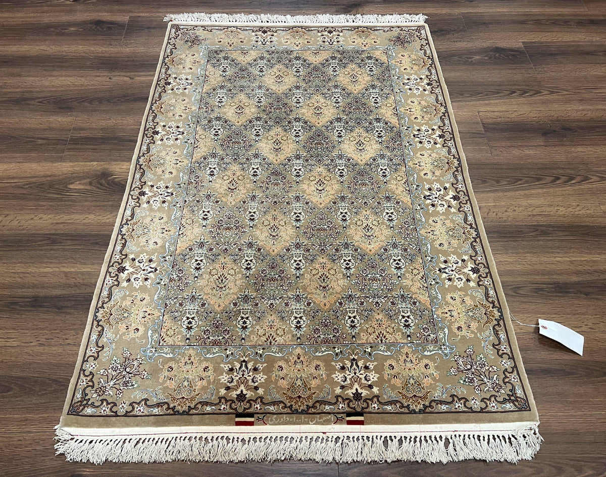 Super Fine Persian Isfahan Rug 3x5 ft, Kork Wool on Silk Foundation, Repeated Floral Motif, Taupe Tan Hand Knotted Oriental Carpet 3 x 5 ft, Signed - Jewel Rugs, view 2