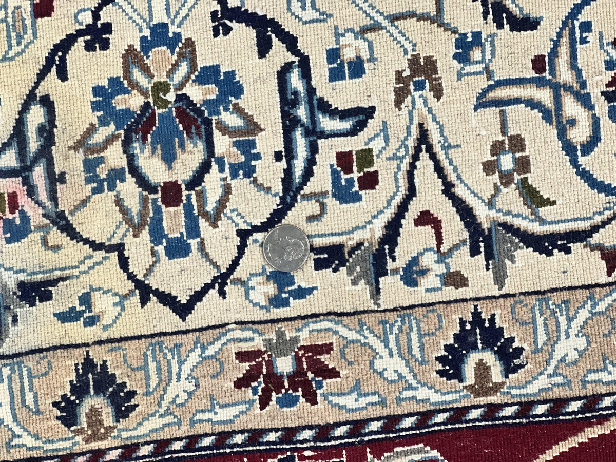 Persian Nain Rug 6x10, Wool and Silk Highlights, Red and Ivory, Floral Medallion, Vintage Handmade Hand Knotted, Fine 225 KPSI, Traditional Rug - Jewel Rugs, view 10