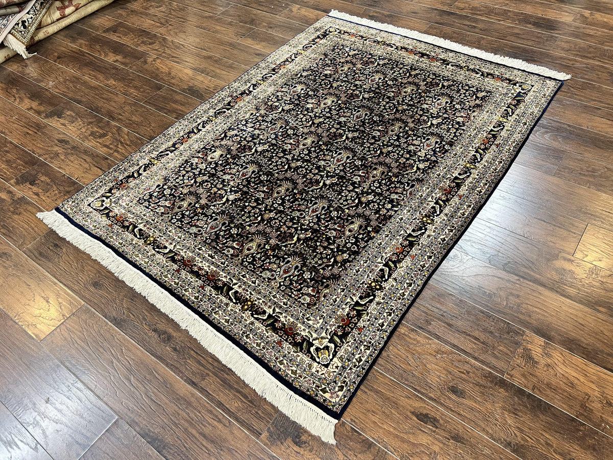 Silk Indian Kashmiri Rug 5x7, Navy Blue Indo Persian Silk Carpet 5 x 7 ft, Hand Knotted Handmade Very Fine Oriental Carpet, 450 KPSI, Birds - Jewel Rugs, view 2