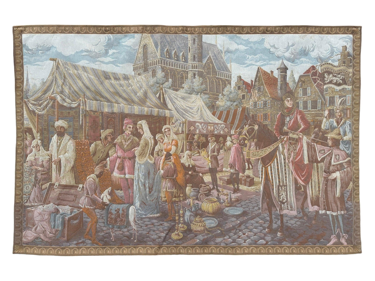 Vintage Belgian Wall Tapestry 4x6 | Medieval Market Scene | Beige, Brown & Light Blue - Rugistan