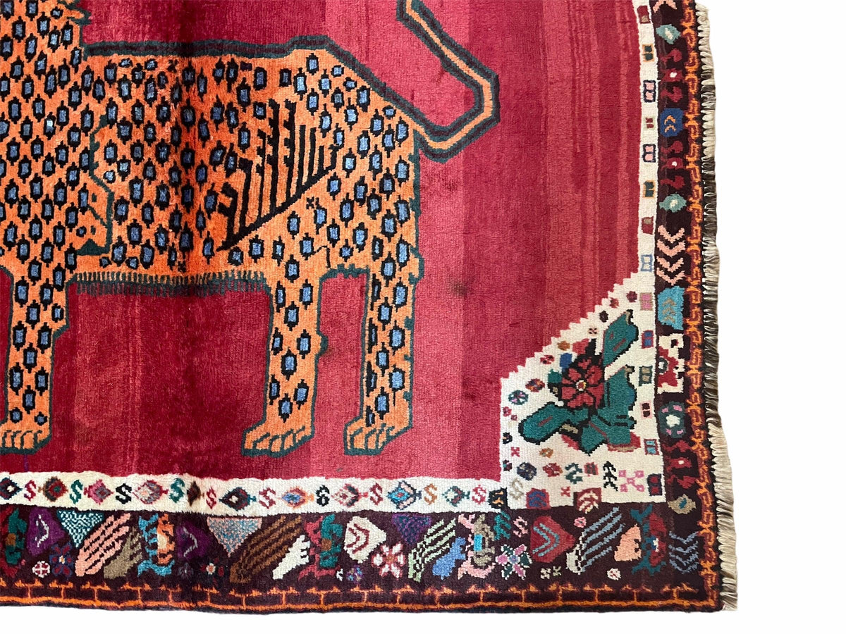 Antique Persian Gabbeh Wool Rug 4x5, Lion Pictorial Rug, Red Orange Black, Hand Knotted Handmade Vintage Gabbeh Carpet 4 x 5 ft, Tribal Rug - Jewel Rugs, view 7