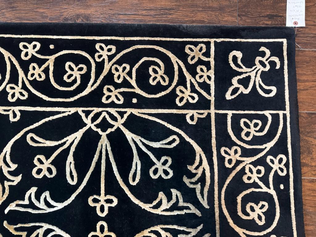 Tibetan Rug 8x10, Wool and Silk, Raised Pattern, Black and Gold, Floral - Jewel Rugs, view 8