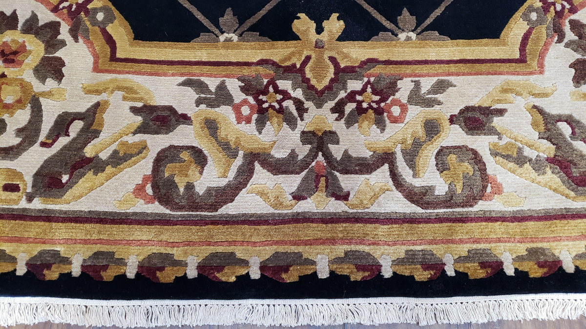 Nepal Rug 6x9, Nepalese Aubusson Area Rug 6 x 9, Hand-Knotted Wool Soft Pile Black & Beige Tibetan Aubusson New Carpet European Savonnerie - Jewel Rugs, view 13