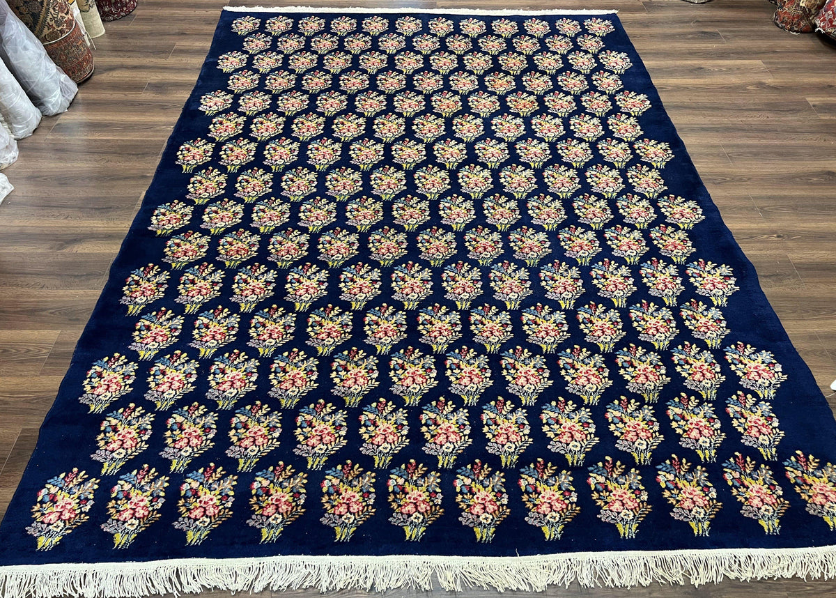 Persian Rug 9x12, Authentic Hand Knotted Carpet, Repeated Floral Motif Garden of Eden, Navy Blue Wool Rug 9 x 12, Semi Antique Kirman Rug - Jewel Rugs, view 2