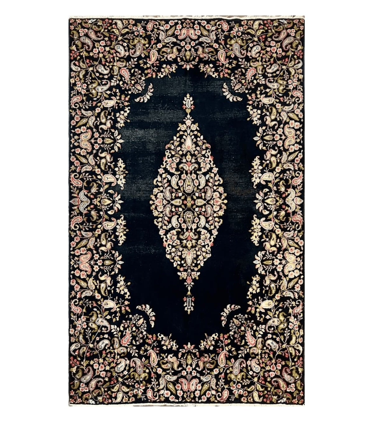 Antique Persian Kirman Rug 5x8, Floral Kirman, Midnight Blue/Black, Semi Open Field, Handmade Vintage Wool Carpet - Jewel Rugs