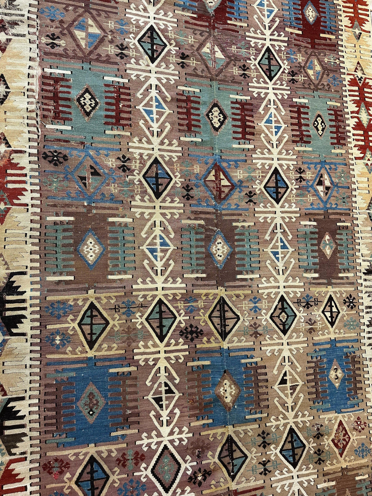 Antique Turkish Kilim Rug 5x8 | Brown, Ivory & Teal | Hand-Woven Wool Flatweave - Rugistan, view 4