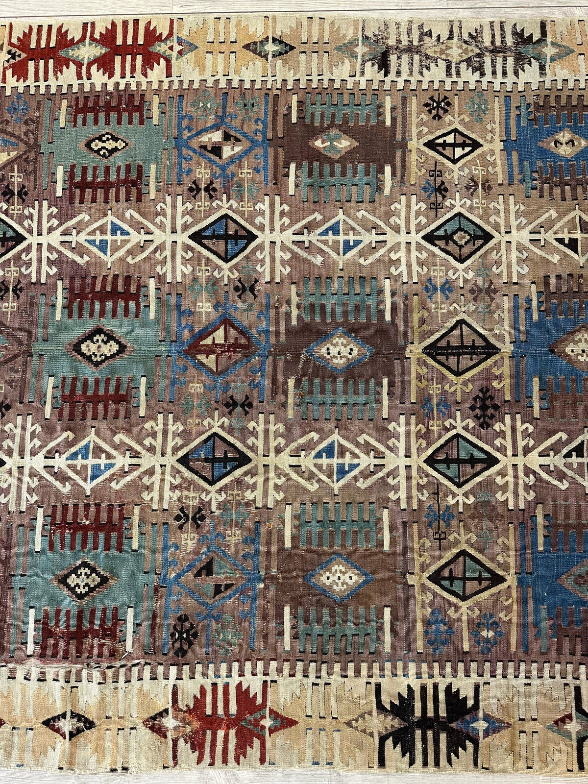 Antique Turkish Kilim Rug 5x8 | Brown, Ivory & Teal | Hand-Woven Wool Flatweave - Rugistan, view 5