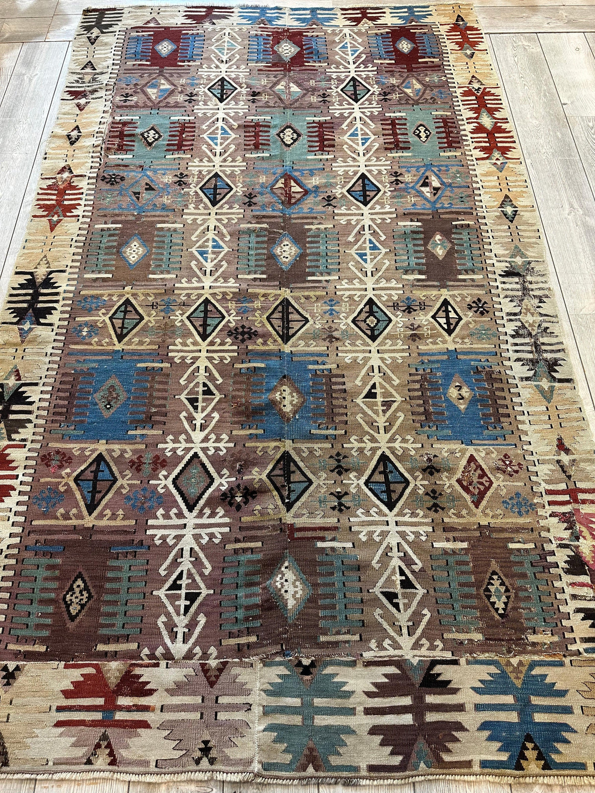 Antique Turkish Kilim Rug 5x8 | Brown, Ivory & Teal | Hand-Woven Wool Flatweave - Rugistan, view 7