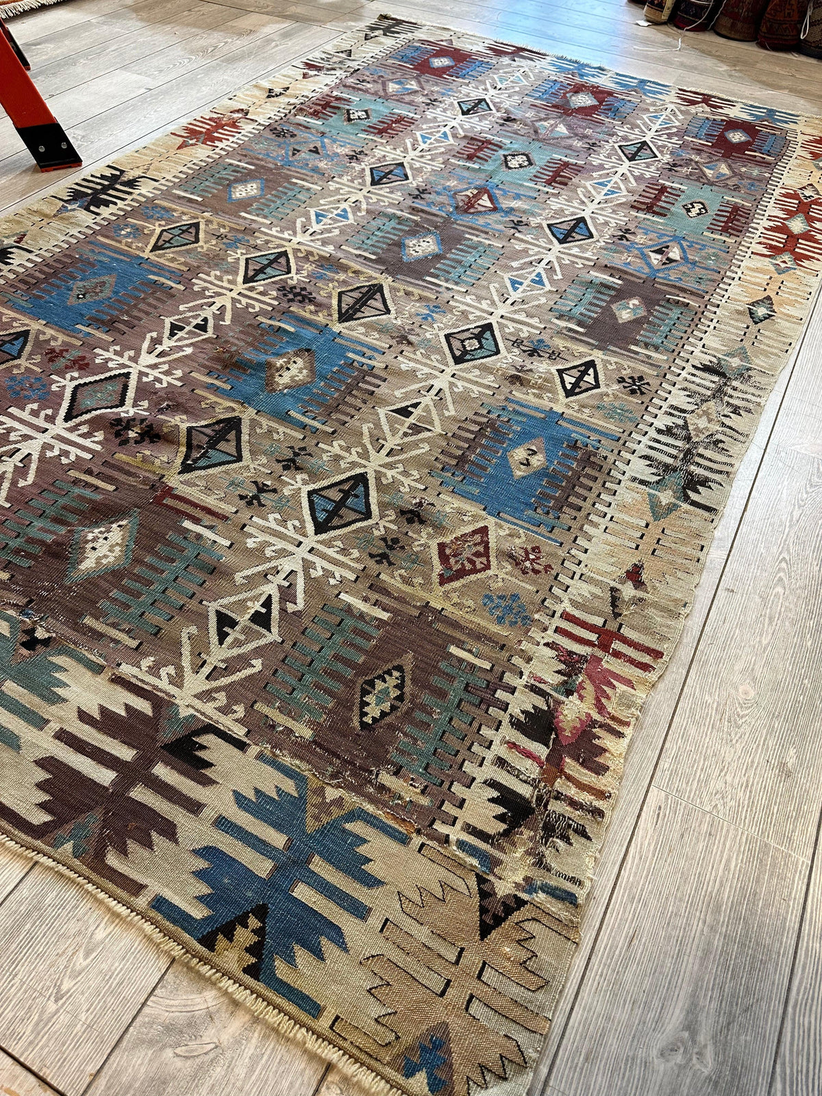 Antique Turkish Kilim Rug 5x8 | Brown, Ivory & Teal | Hand-Woven Wool Flatweave - Rugistan, view 8