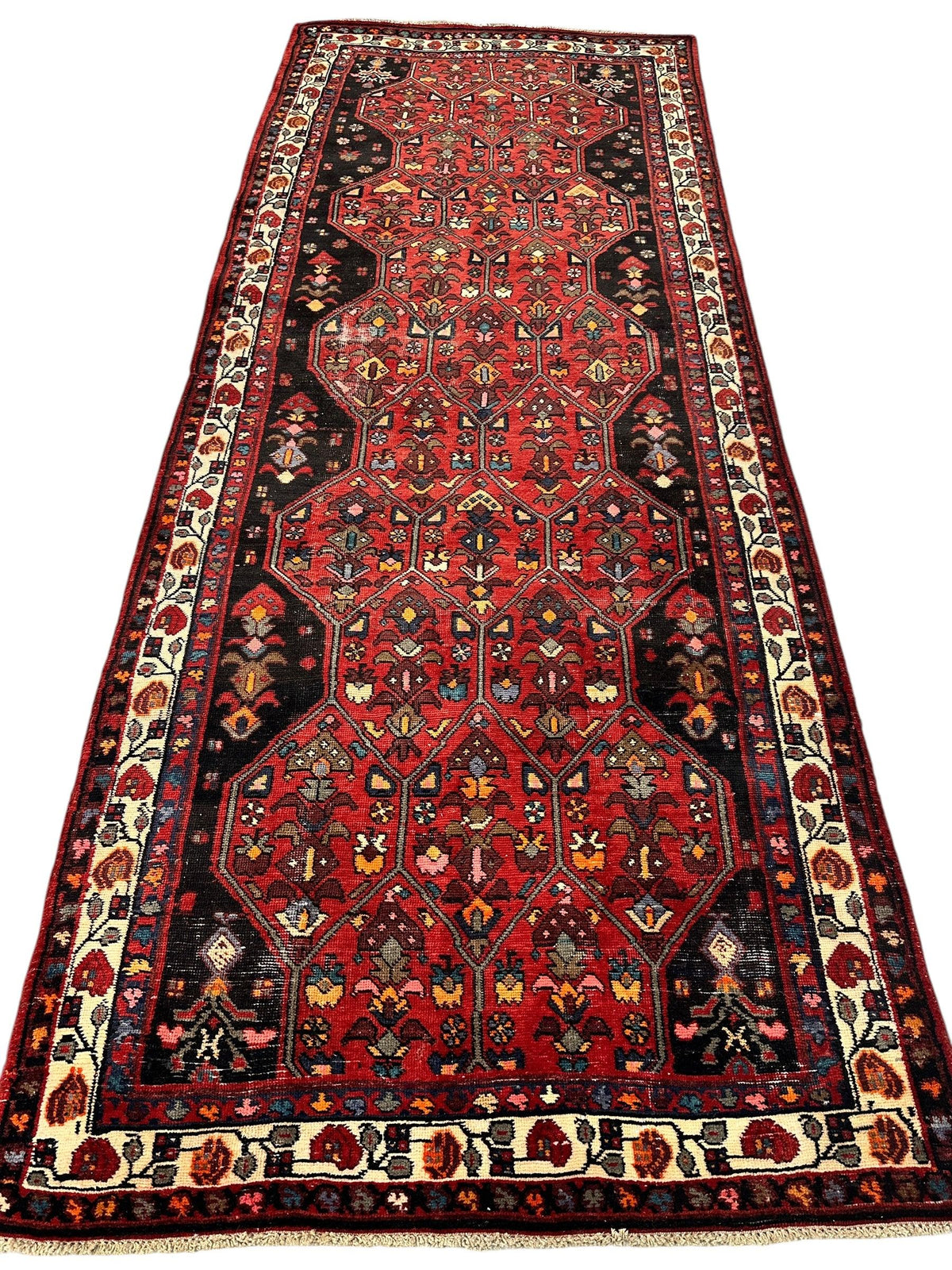 Vintage Persian Hamadan Medallion Runner 4x10 | Red, Navy & Ivory | Hand-Knotted Wool - Rugistan, view 2