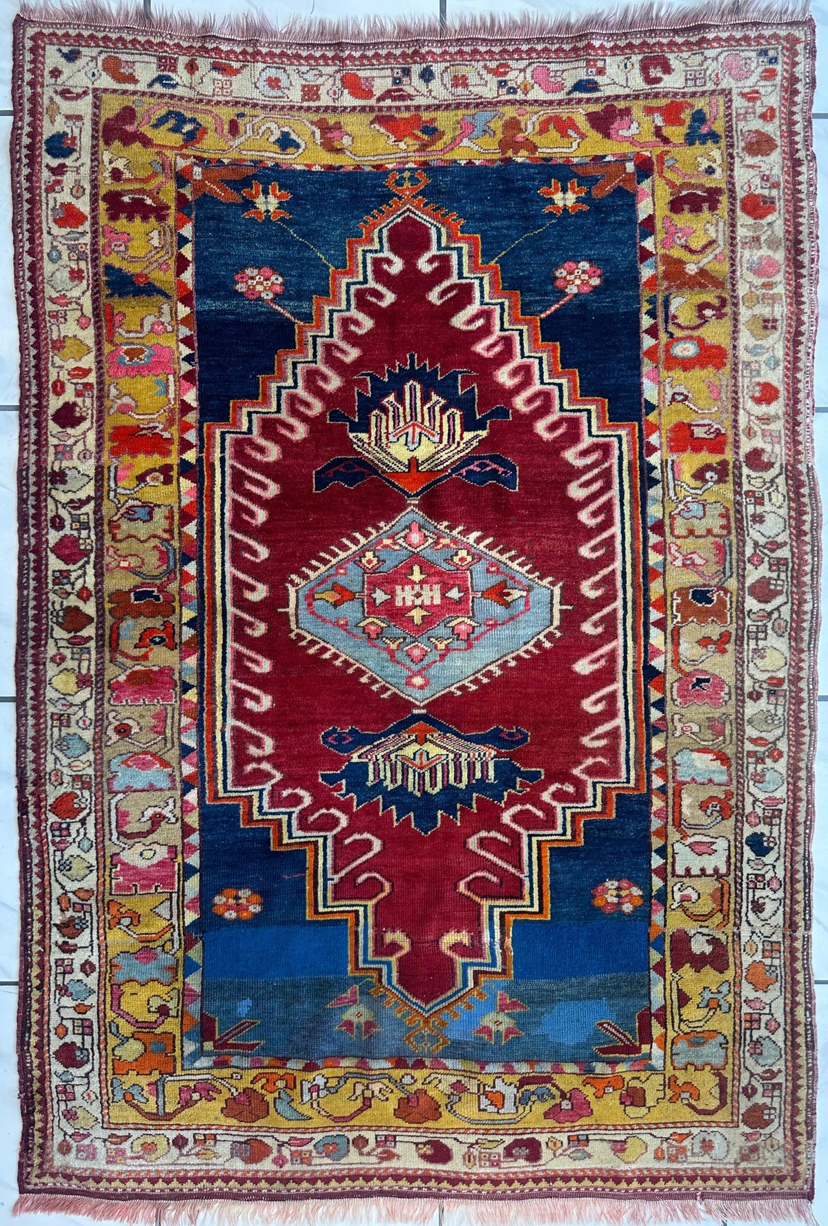 Antique Turkish Rug 4x6 | Red, Blue & Gold | Hand-Knotted Wool - Rugistan