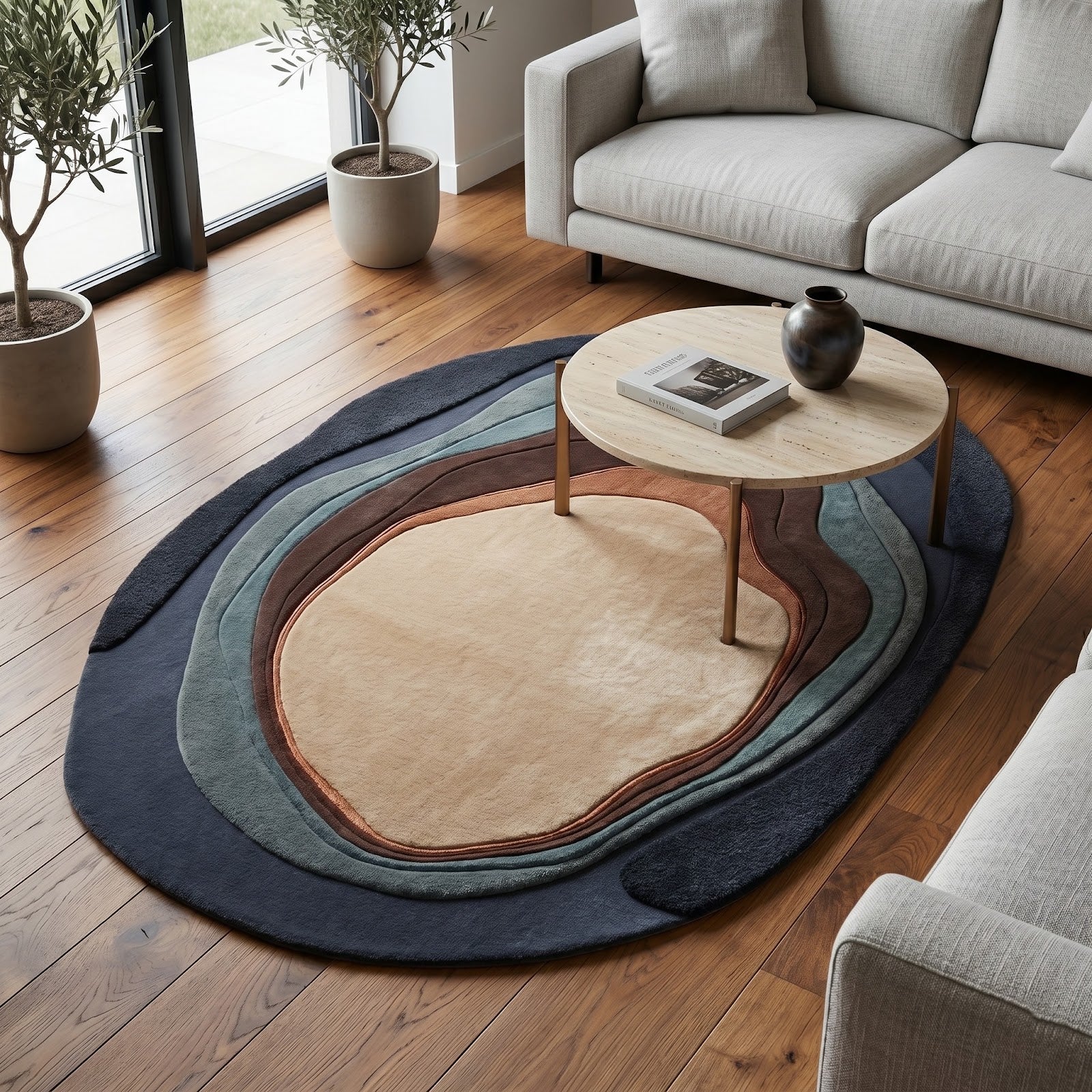 Organic Layered Pebble Hand Tufted Wool Rug | Navy Blue & Earth Tone Sculptural Area Rug — 2x3 ft'