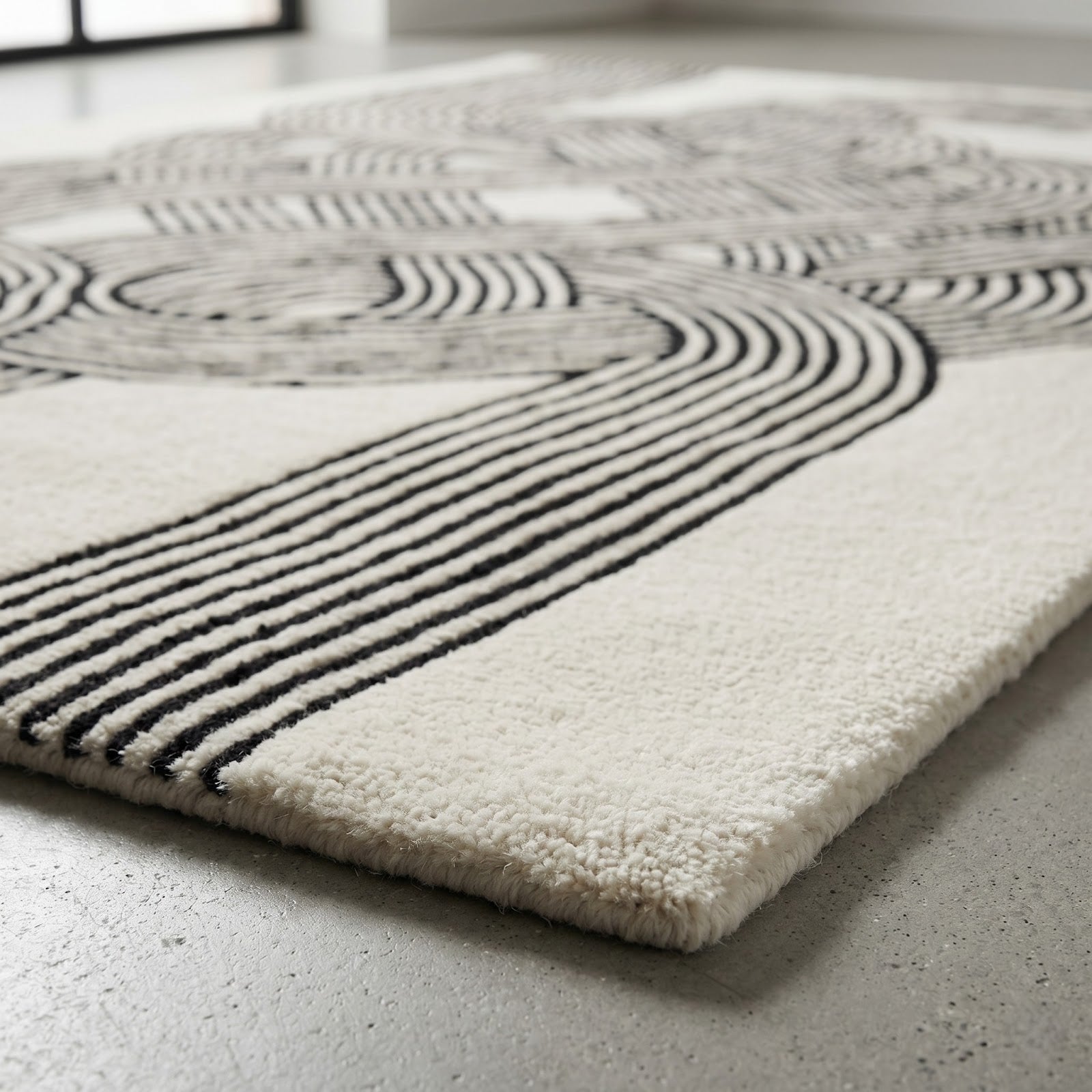 Modern Optical Illusion Hand Tufted Wool Rug | Black & Ivory Geometric Knot Pattern Area Rug — 2x3 ft'