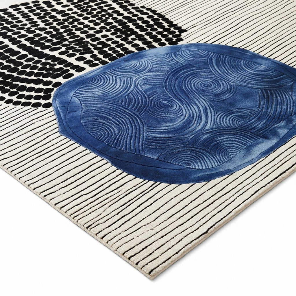 Abstract Modern Hand Tufted Wool & Viscose Rug | Ivory, Cobalt Blue & Black Artistic Statement Area Rug — 2x3 ft'