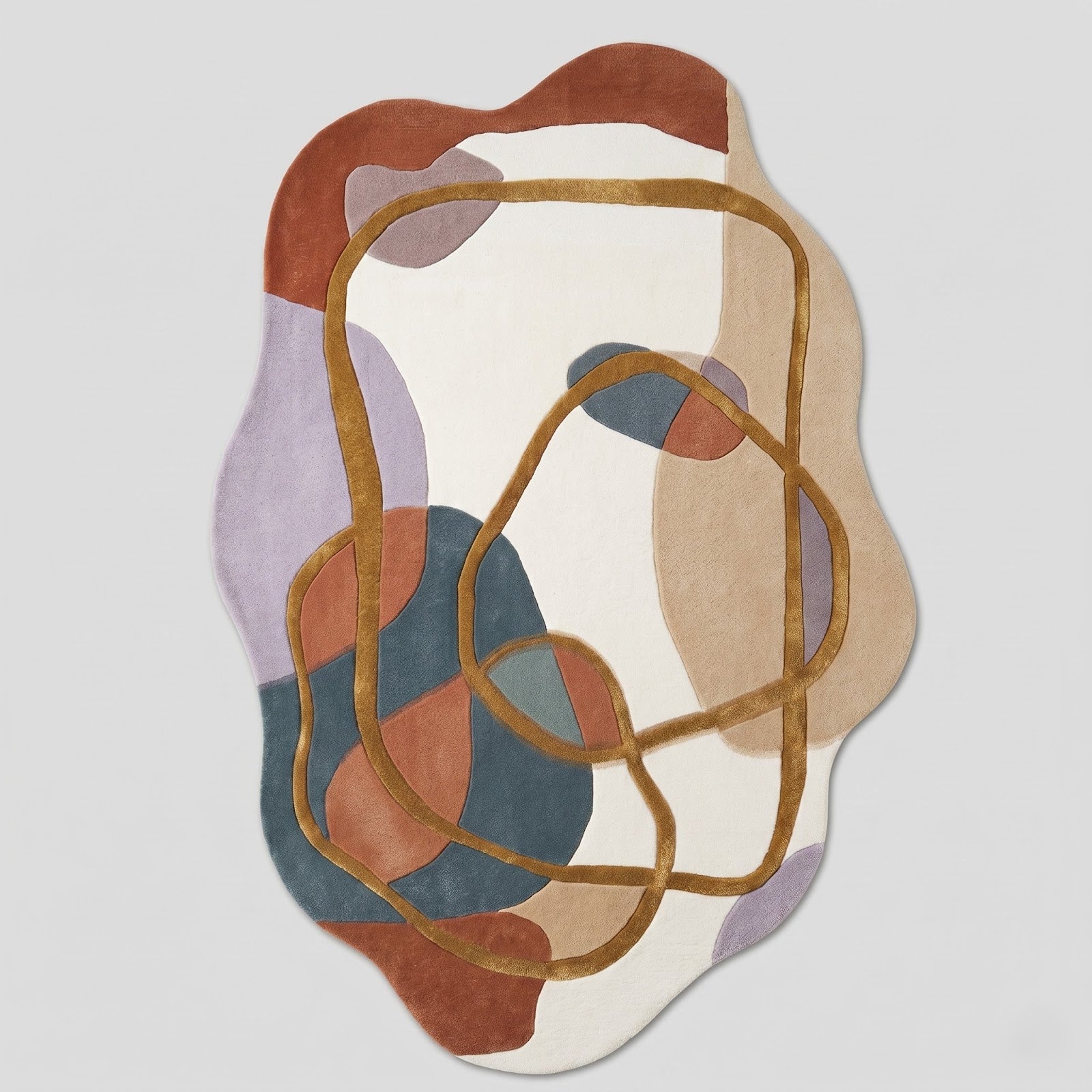 Irregular Abstract Hand Tufted Wool Rug | Modern Organic Shape Area Rug with Gold Line Art — 2x3 ft'