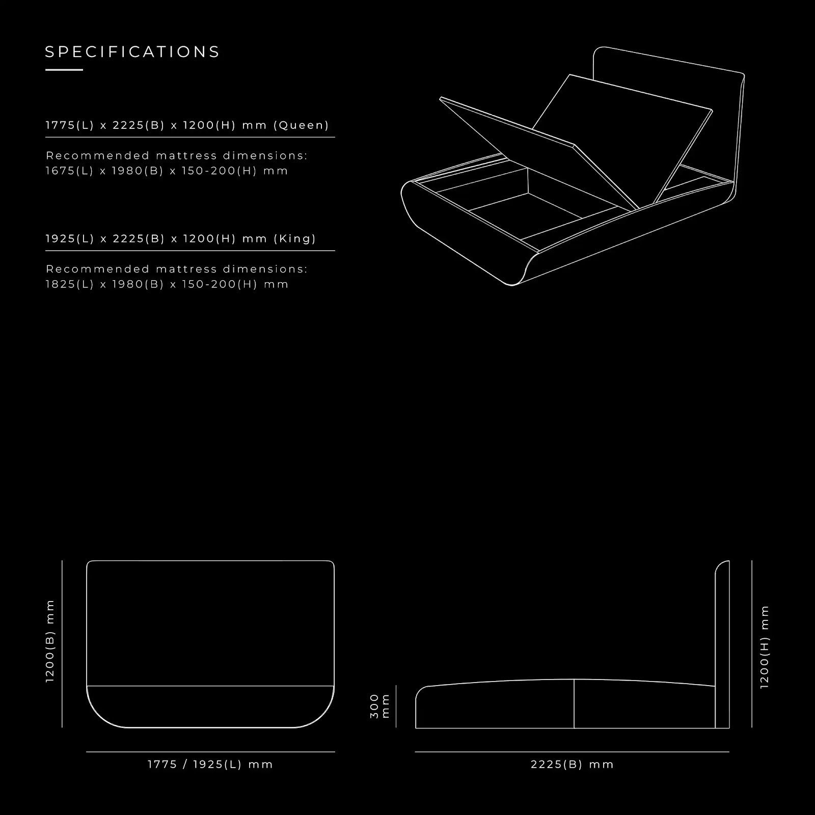 Wave Bed by BEC Furniture — dimensioned specification drawing