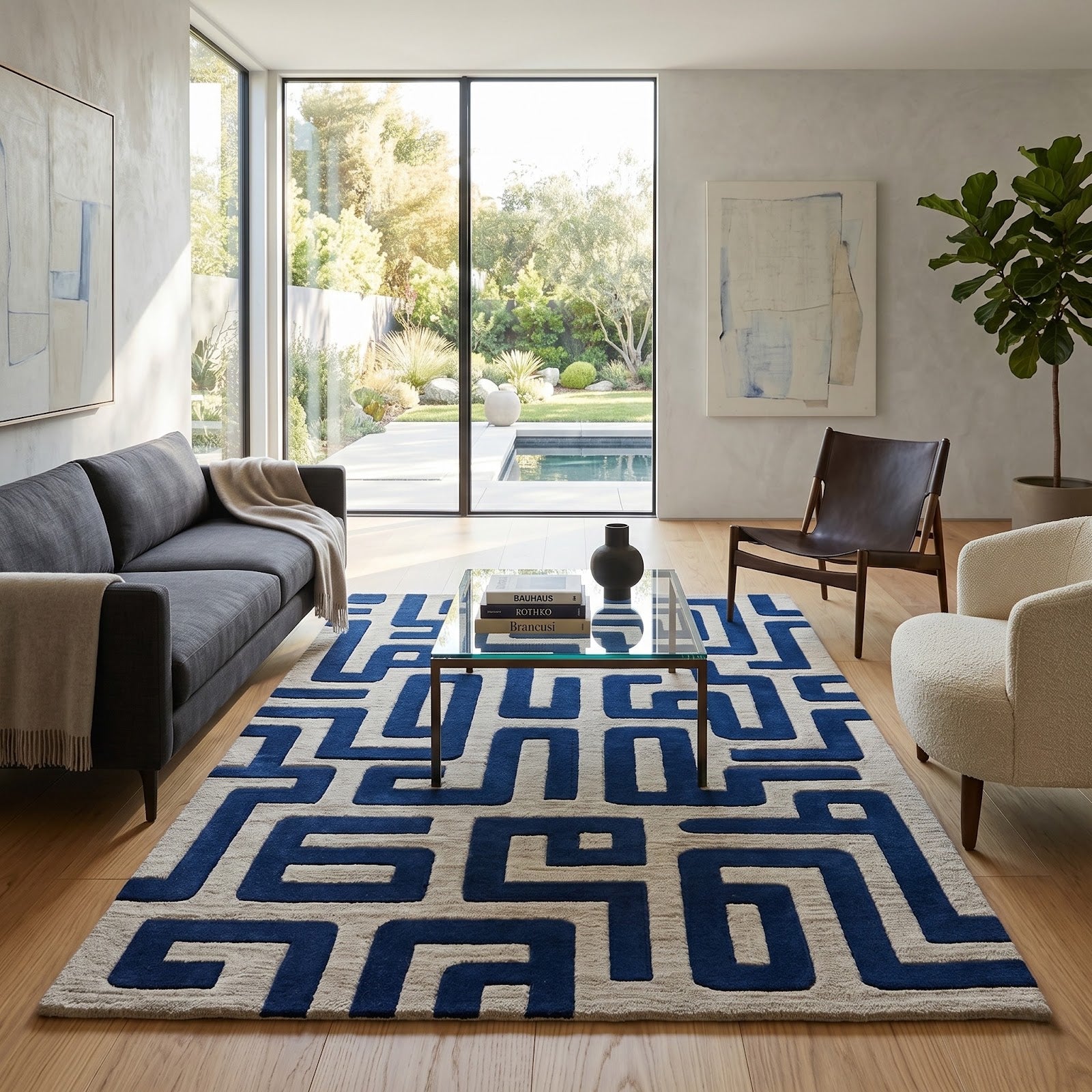 Maze Pattern Hand Tufted Wool Rug | Cobalt Blue & Ivory Geometric Labyrinth Area Rug — 2x3 ft'